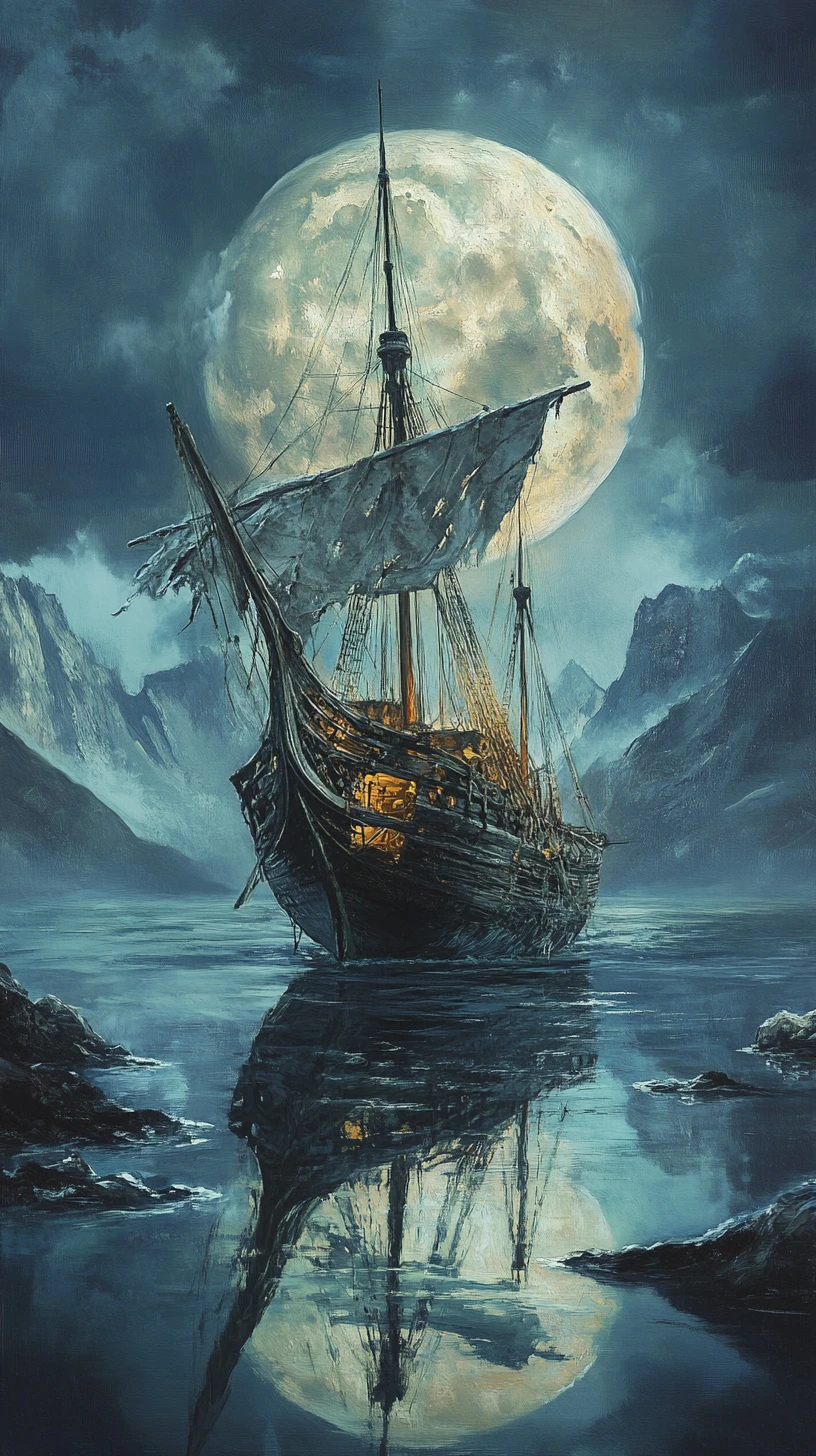 Nave fantasma su un lago in tempesta sotto una luna splendente
