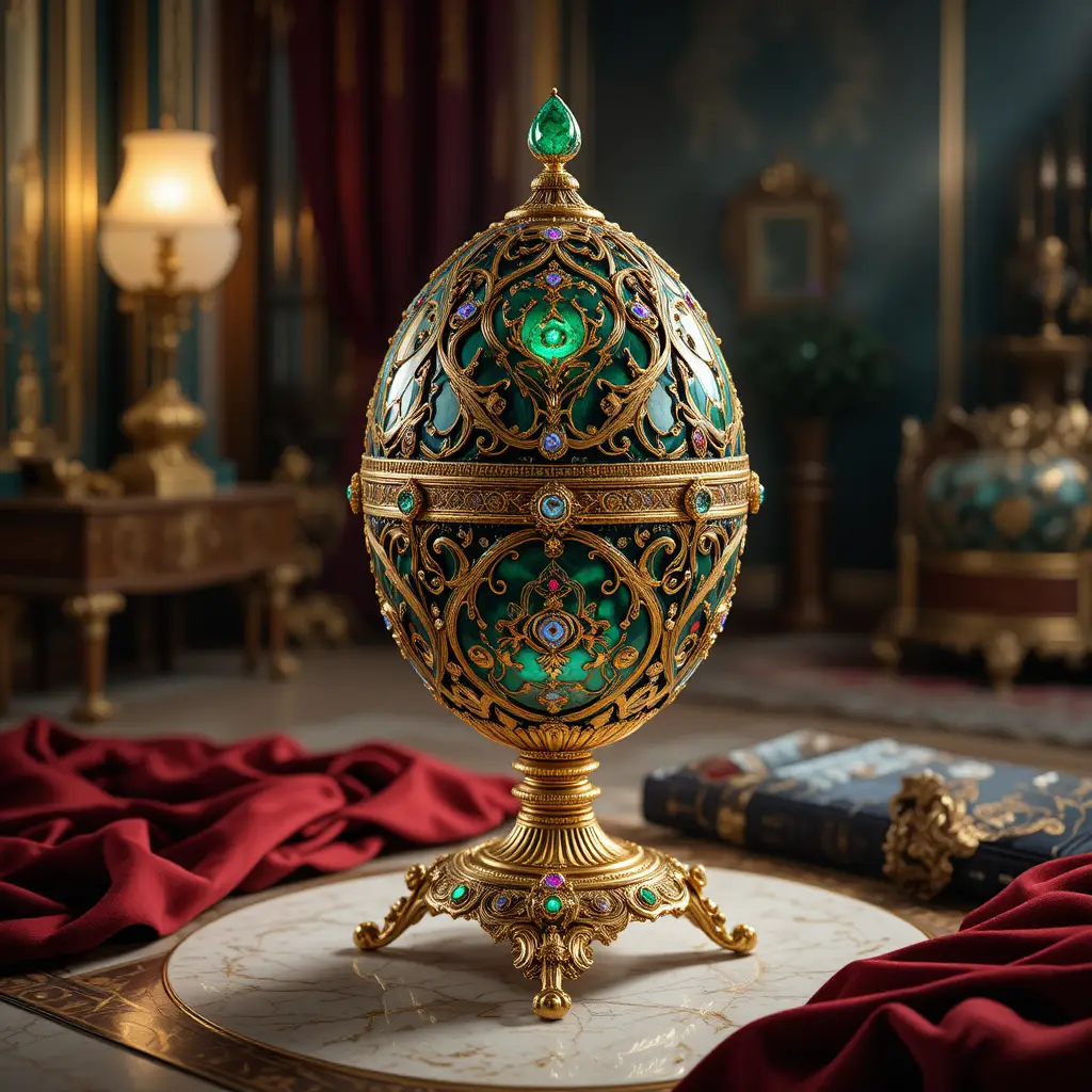 Magnificent jeweled Faberge style egg on ornate golden stand