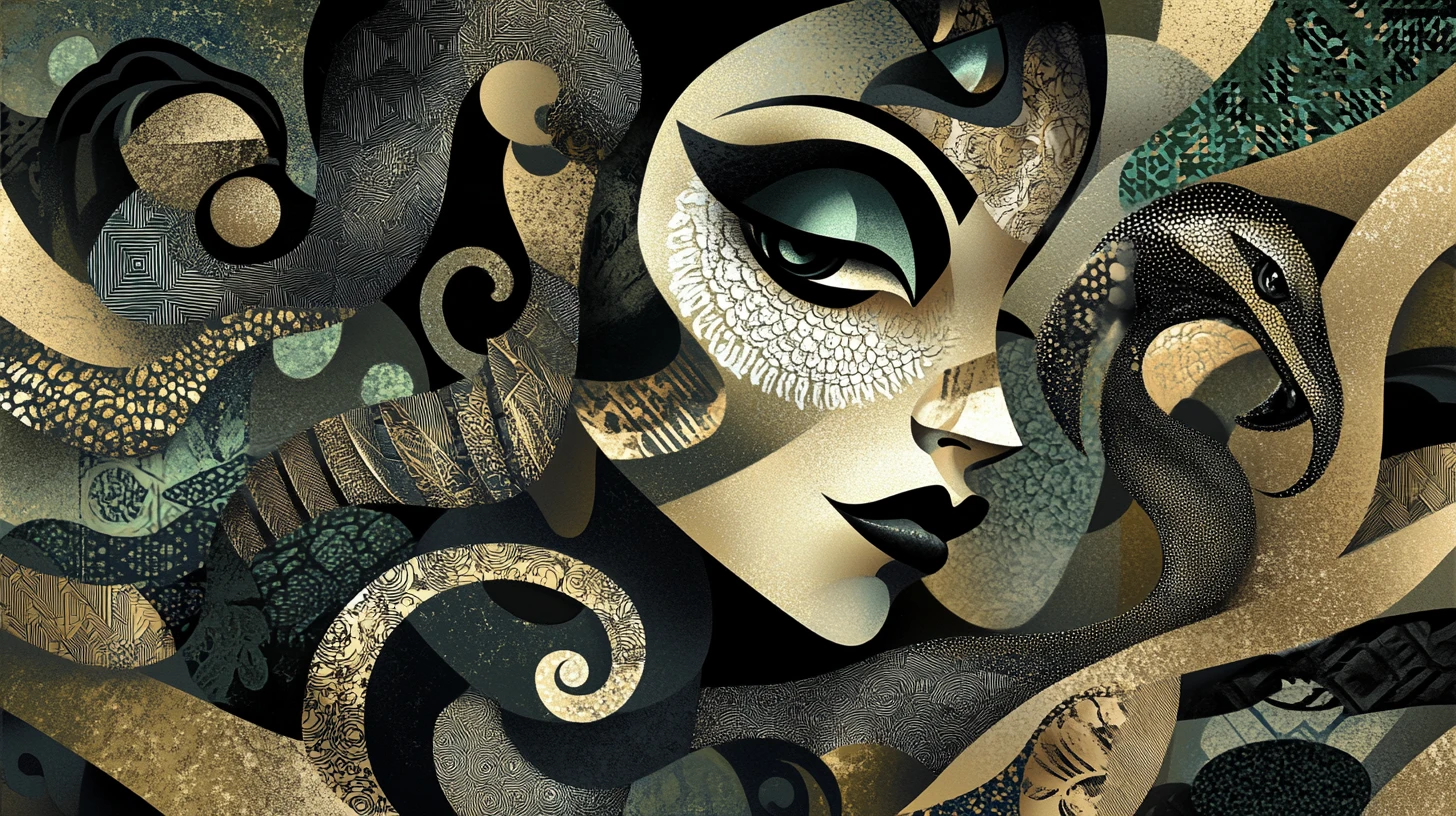 Femme cubiste abstraite avec serpent enroulé et formes géométriques