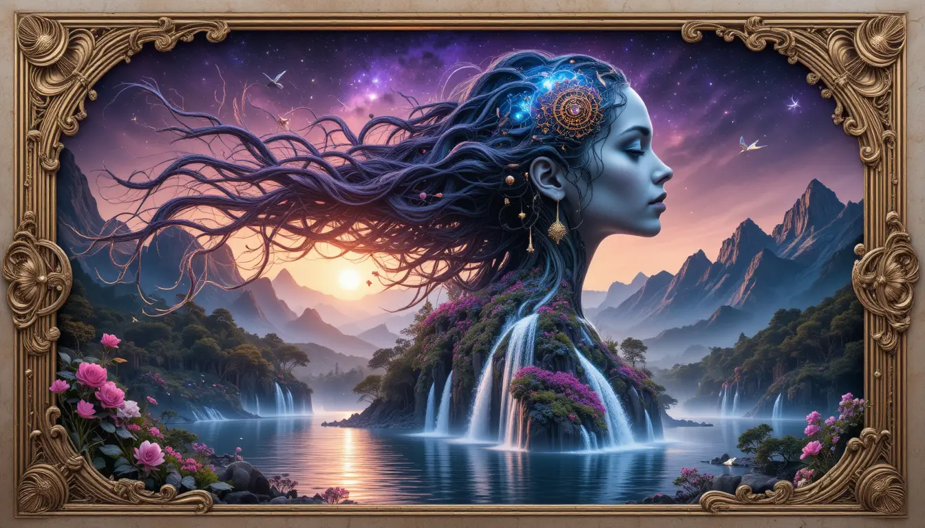 Portrait surréaliste d’une femme cyborg dans une galaxie violette