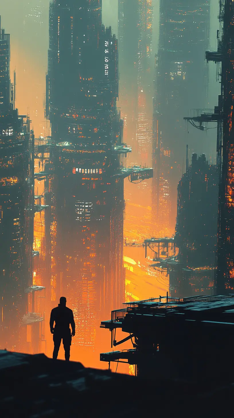 Città Fluttuante Futuristica con Interni Industriali Arancione Luminoso