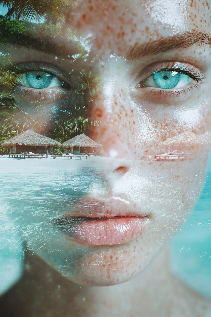 Surreal double exposure portrait of woman and tropical island