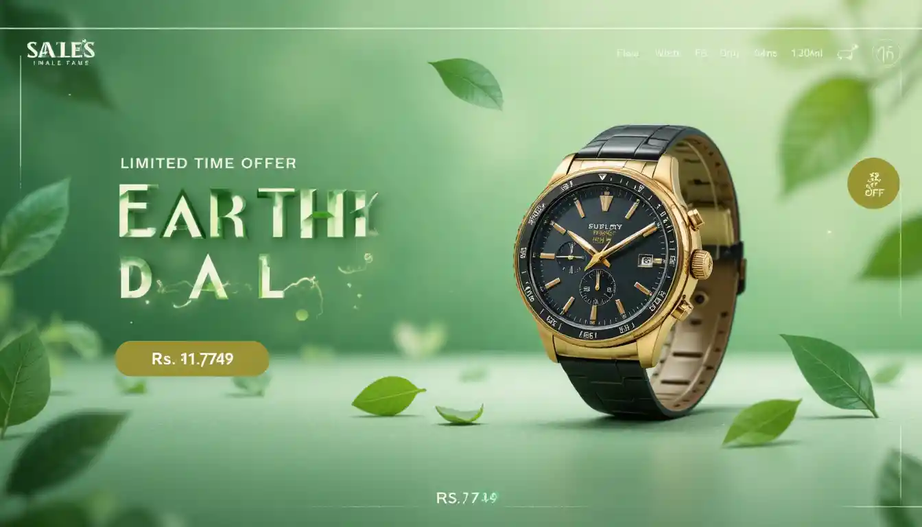 Luxury gold wristwatch on minimal green Earth Day banner