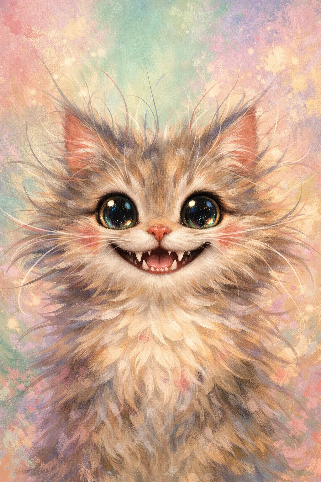 Ilustración en primer plano de un alegre gato esponjoso, con estilo fantasioso