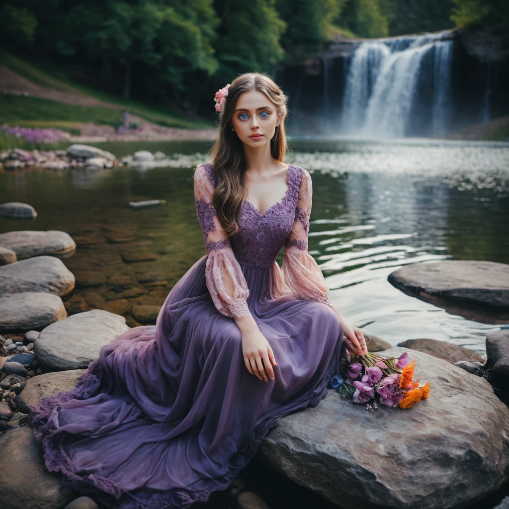 Woman in lace dress by a twilight mountain lake