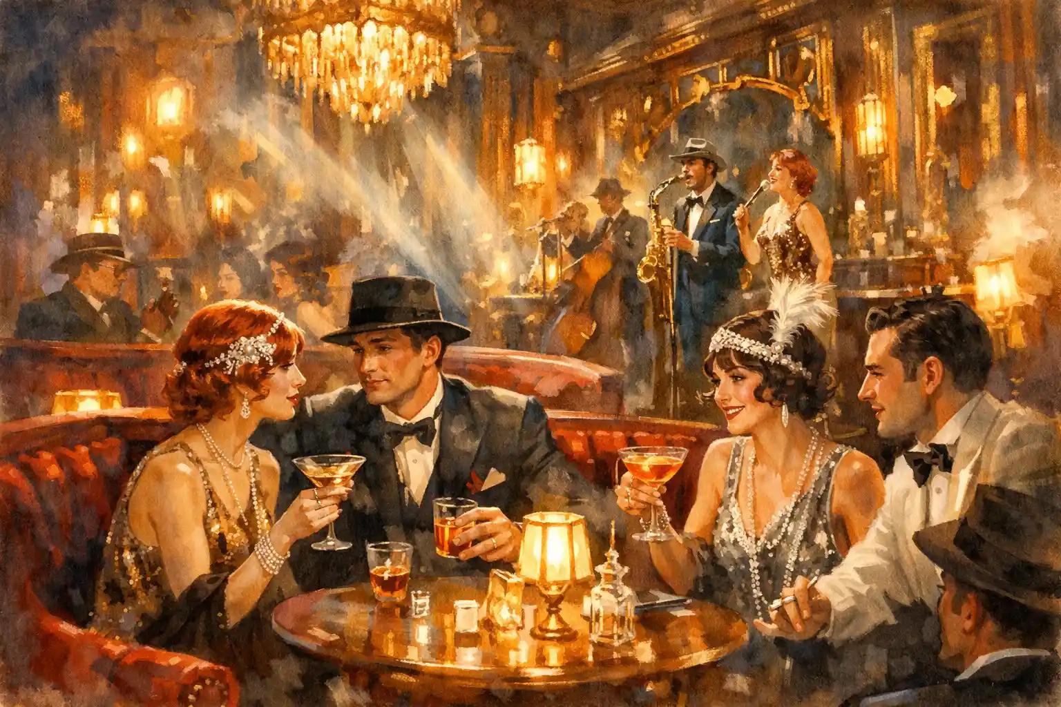 Surreal watercolor speakeasy bar with jazz and cocktails