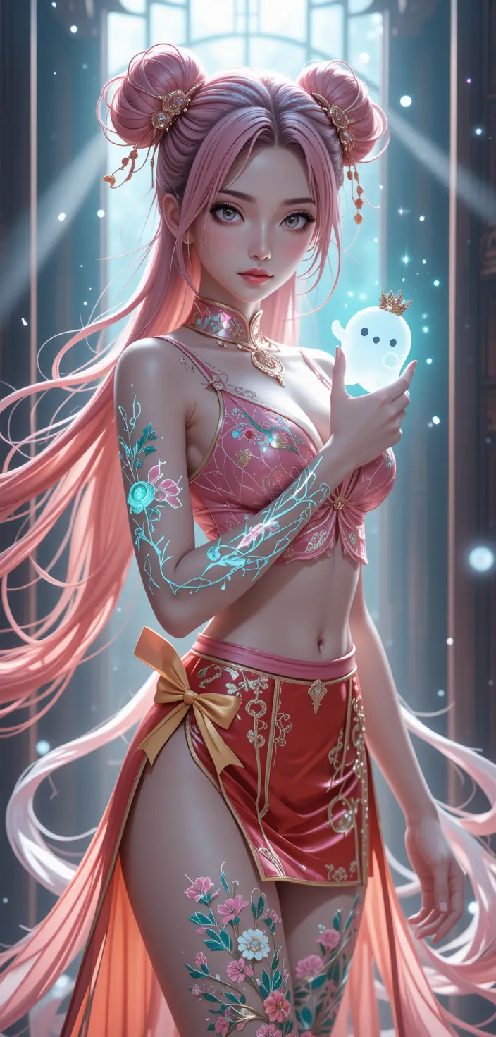 Donna anime dai capelli cremisi che tiene in mano uno spirito luminoso