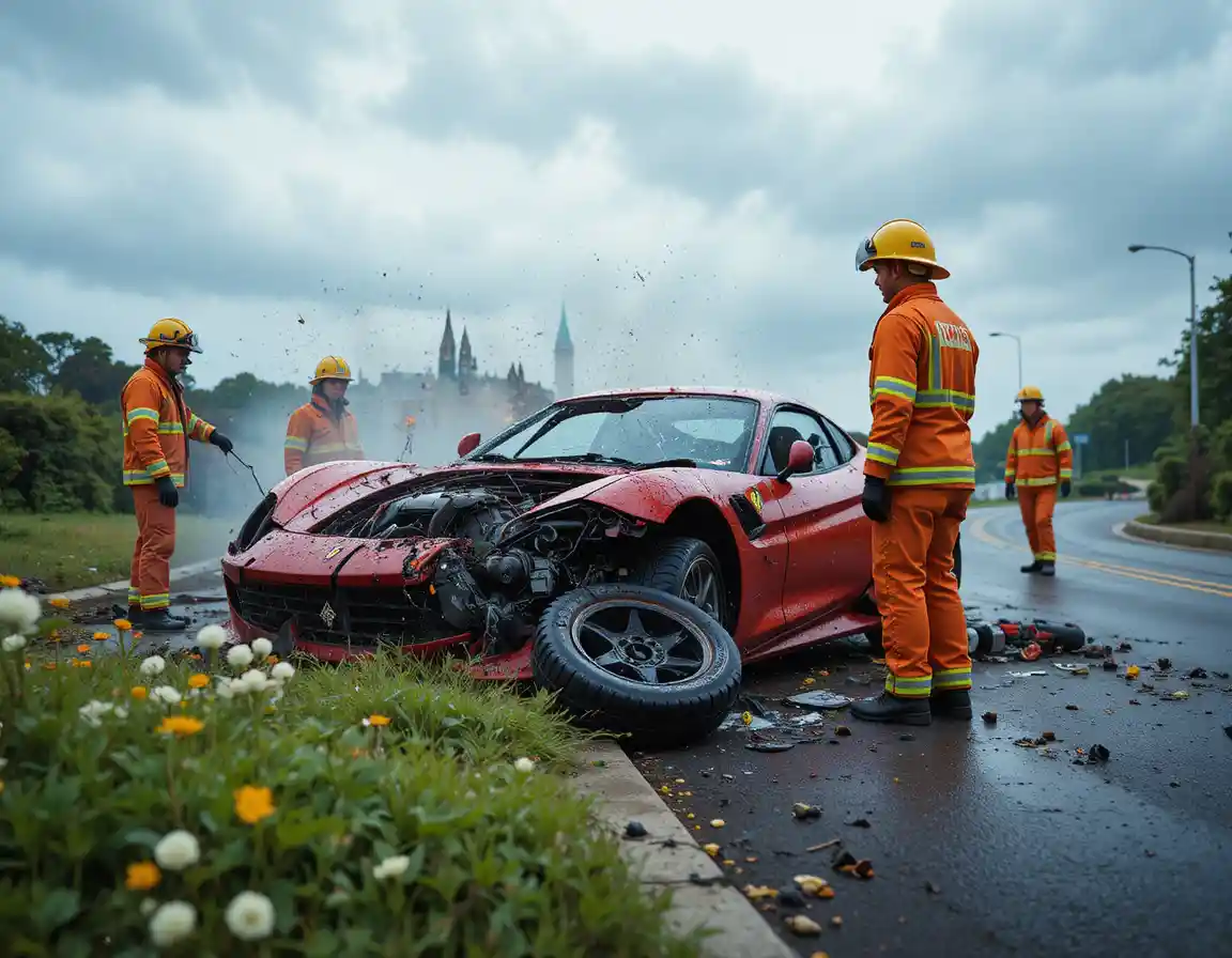 Frau und Feuerwehrmann an der Unfallstelle eines roten Sportwagens