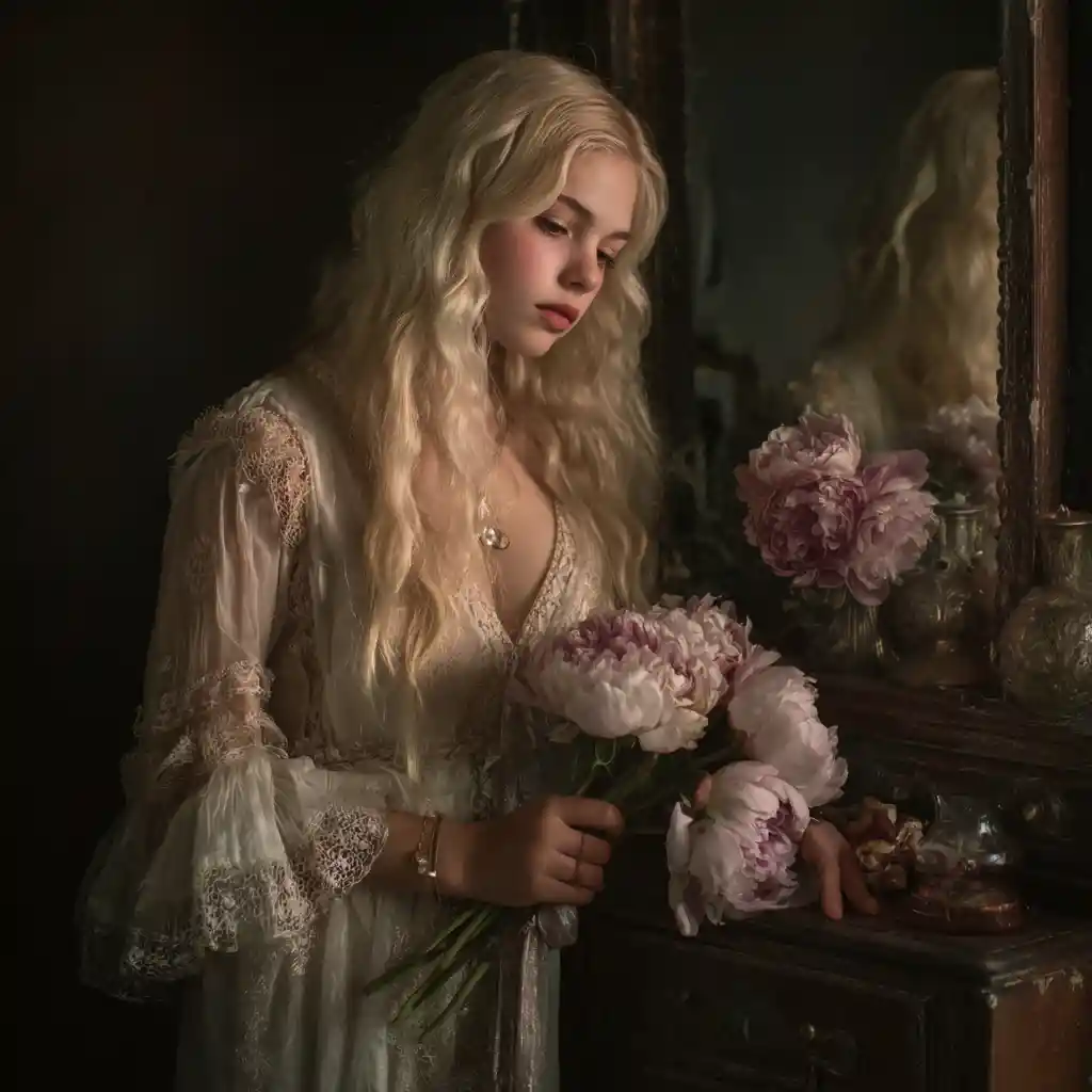 Young girl in bohemian dress holding peonies indoors