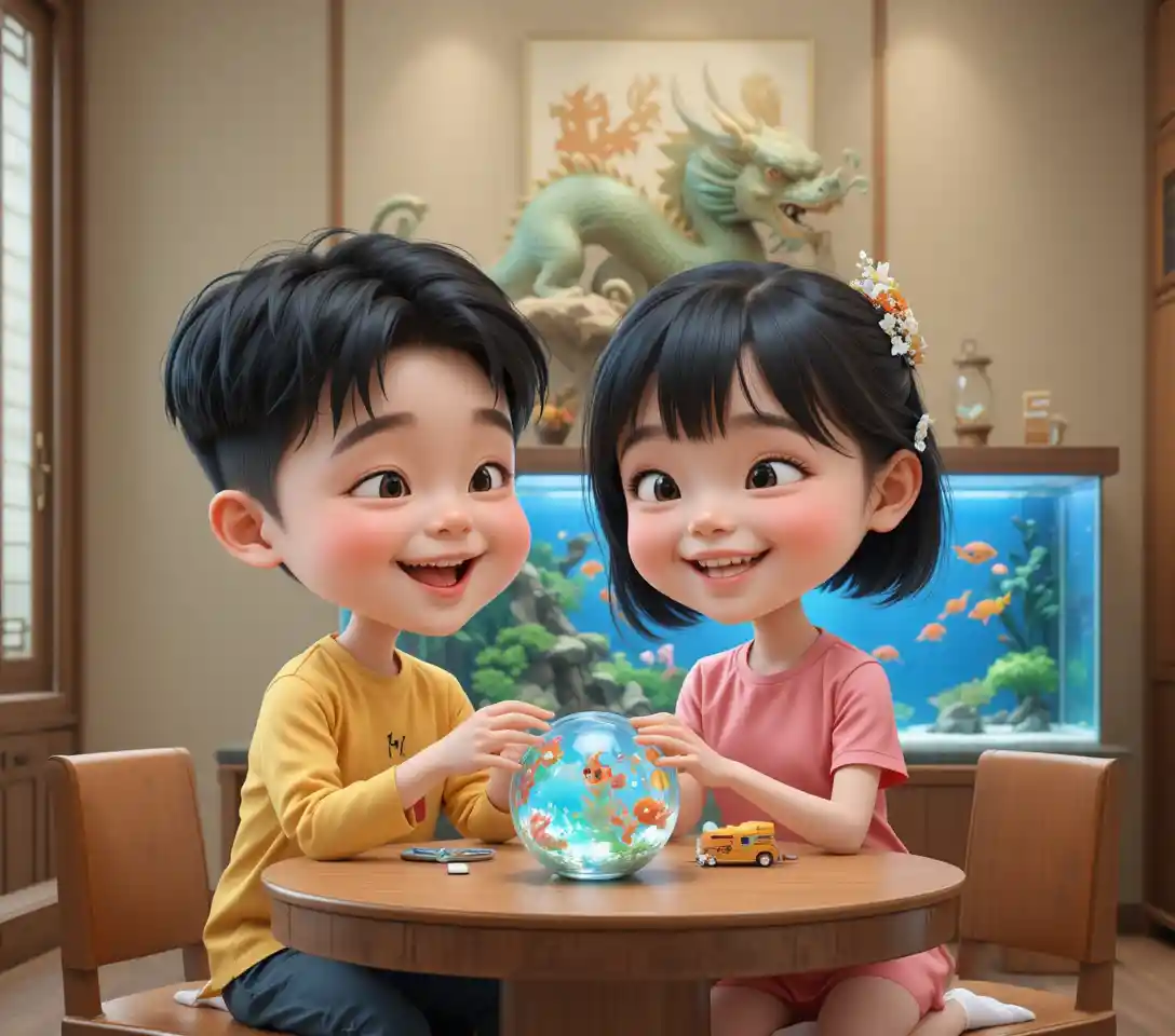 Lächelnde asiatische Kinder spielen mit Spielzeug an einem Holztisch