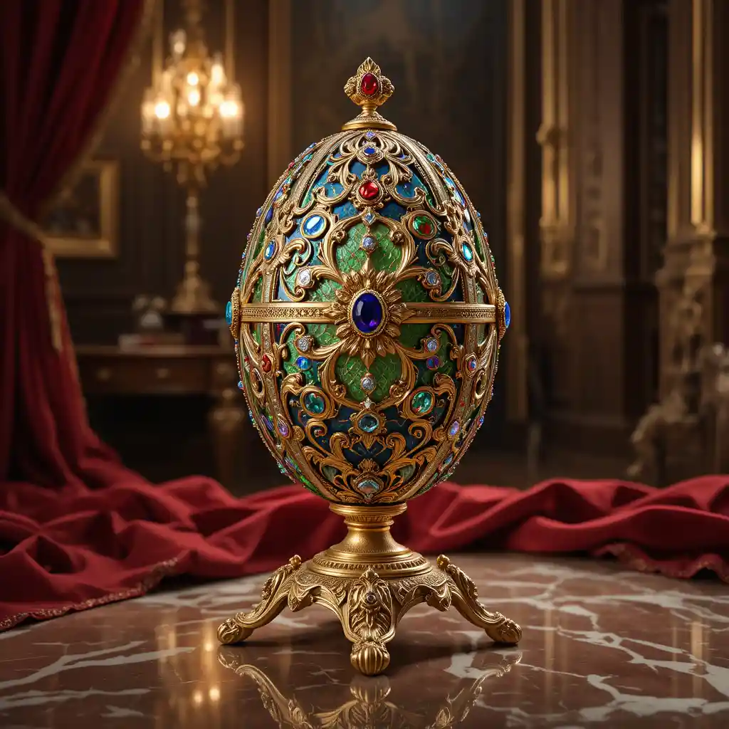 Luxuriöses Fabergé-Ei auf kunstvollem goldenen Podest