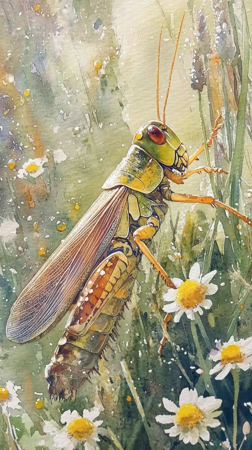 Aquarell-Nahaufnahme eines Grashüpfers in einer traumhaften Blumenwiese