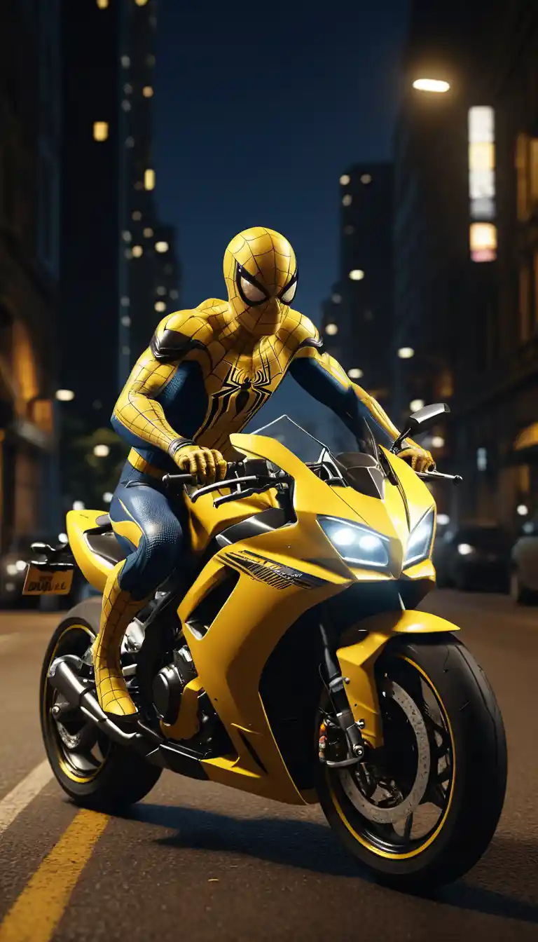 Yellow superhero on a superbike racing through the night city