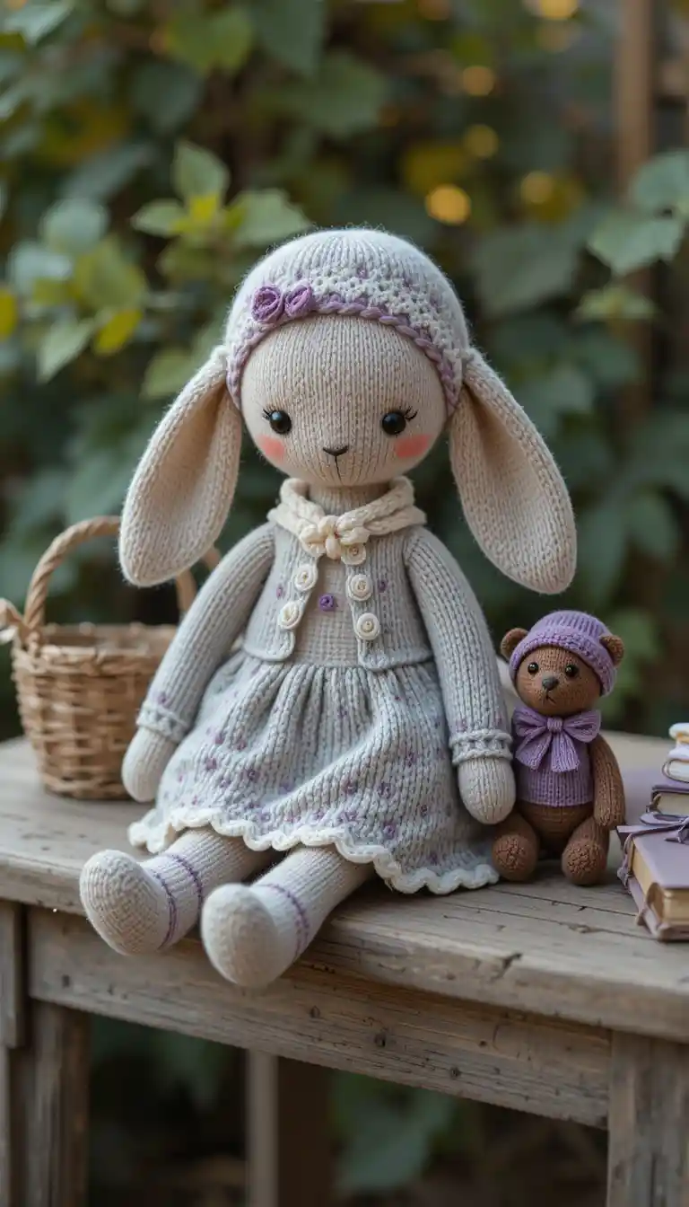 Handmade rabbit and bear toys on rustic wooden table