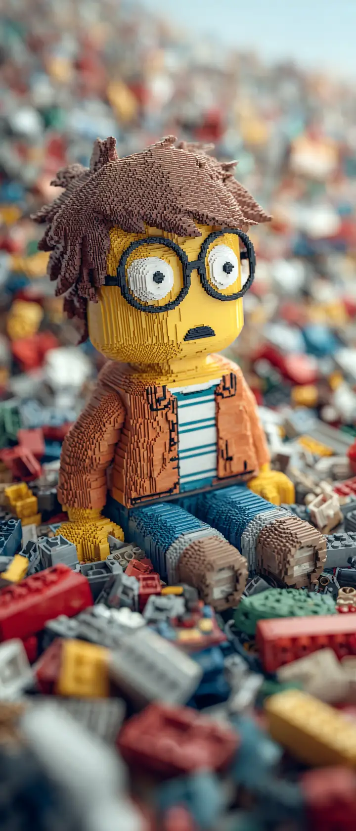 Anime child with giant lego figure on endless bricks