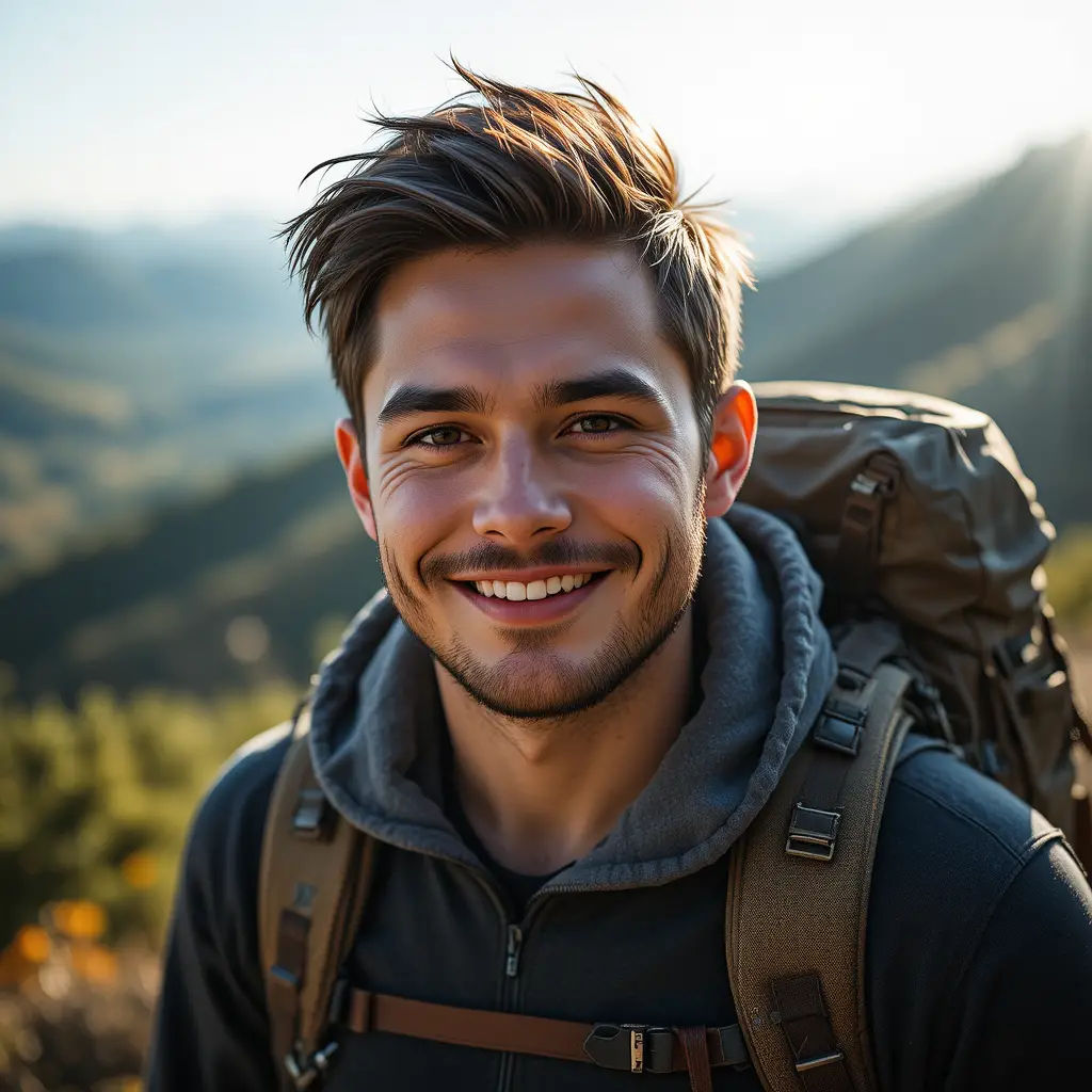 Jeune homme souriant sur un sentier de randonnée de montagne pittoresque