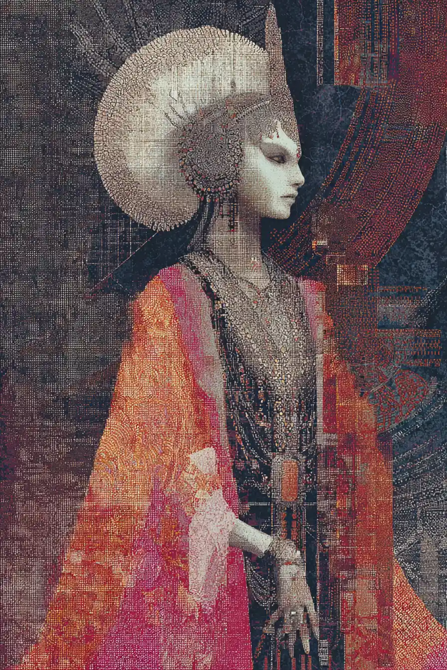 Dea surreale glamour in una visione fantasy pixelata