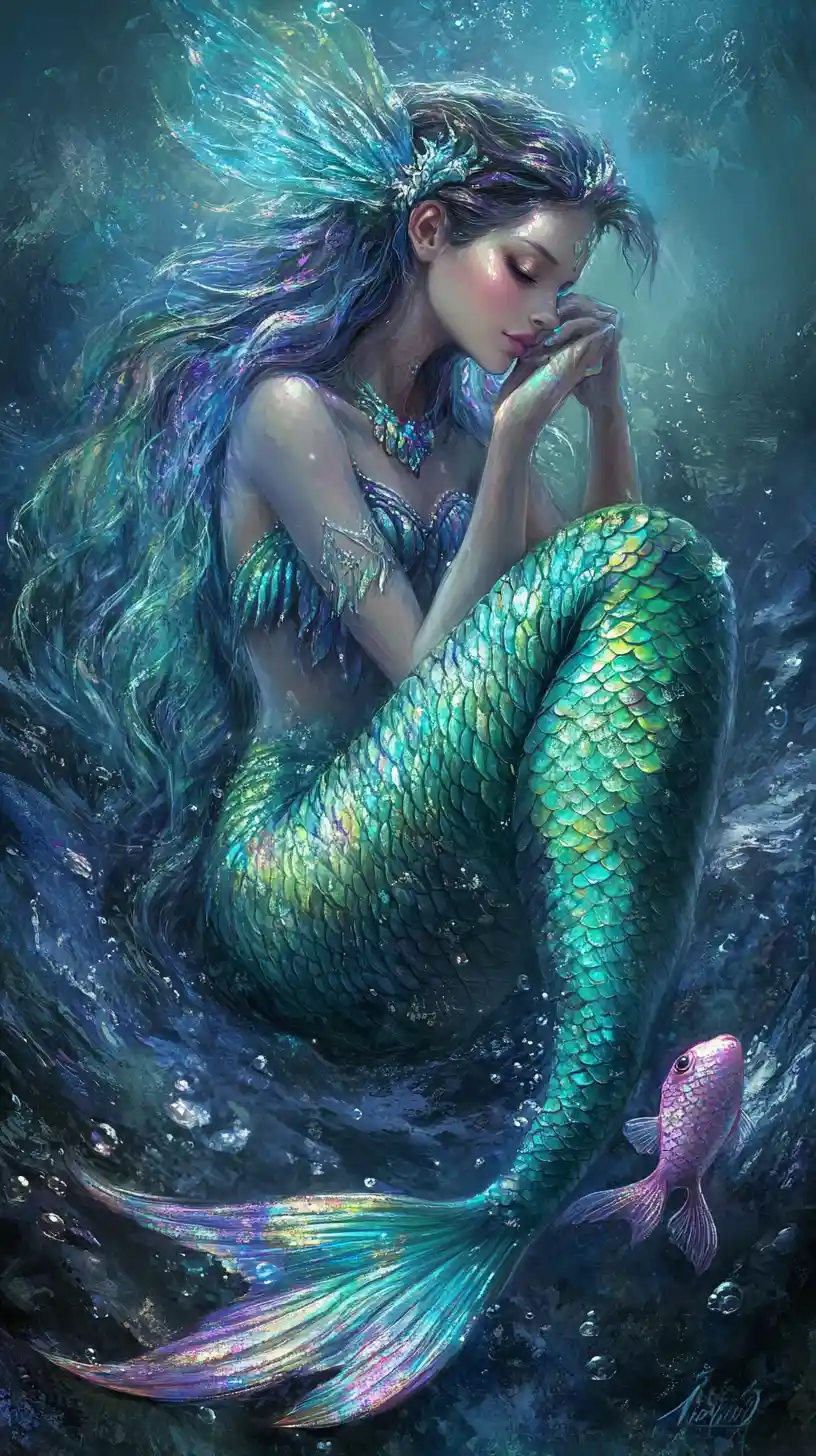 Mystical mermaid with glowing eyes in a shadowy ocean