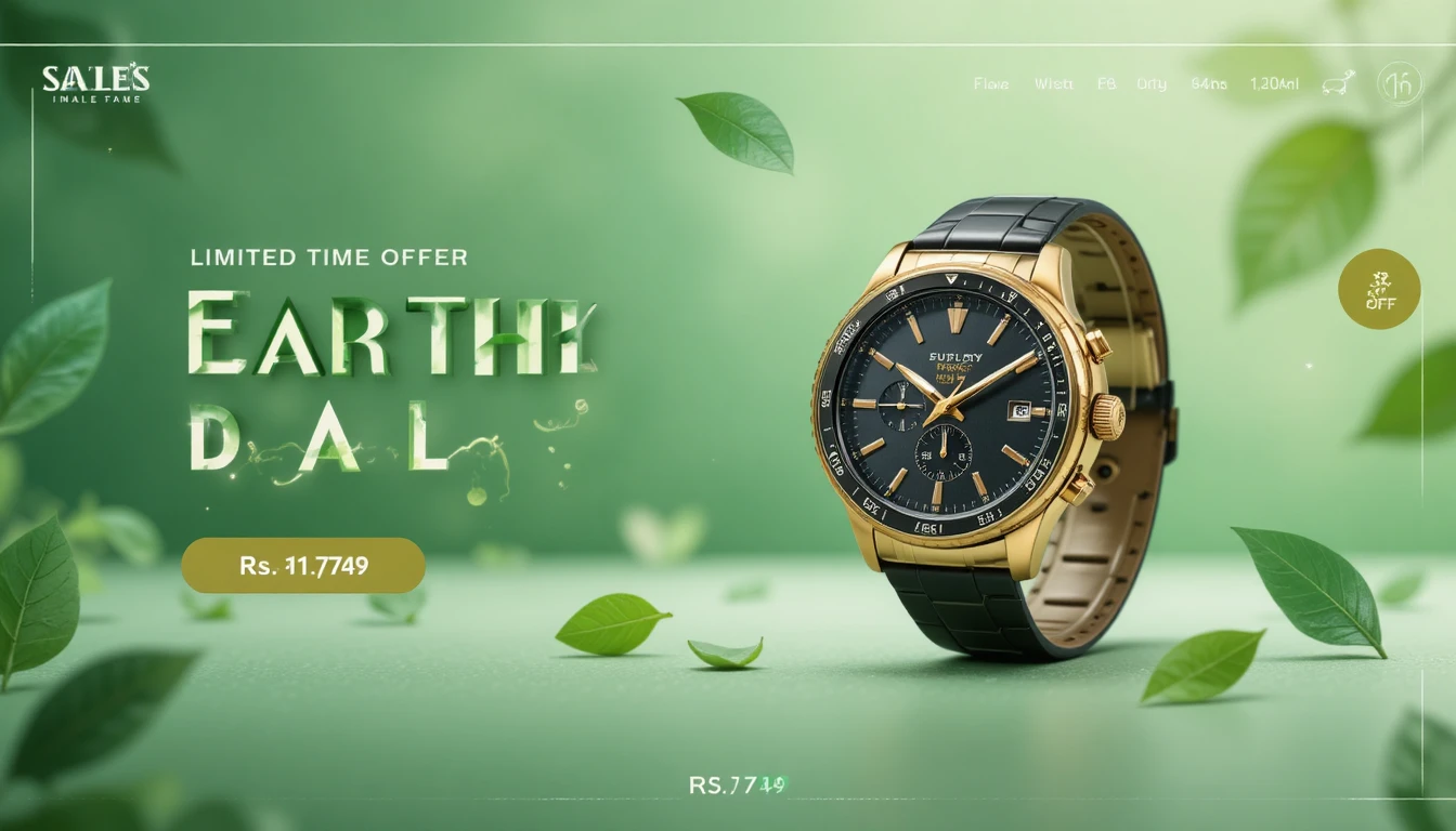 Montre-bracelet en or de luxe sur bannière verte minimaliste pour le Jour de la Terre