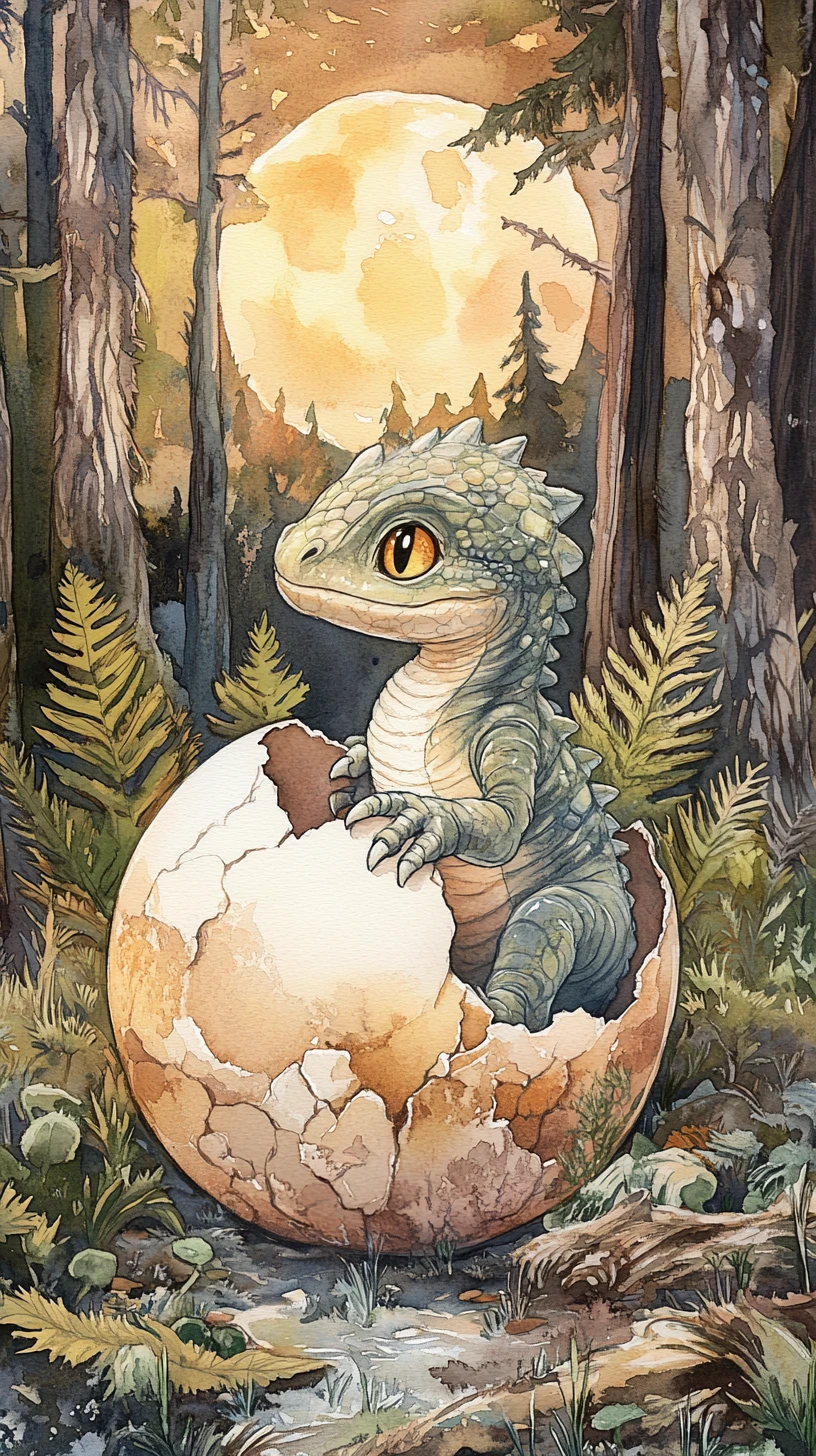 Baby dragon in eggshell under moonlit prehistoric forest