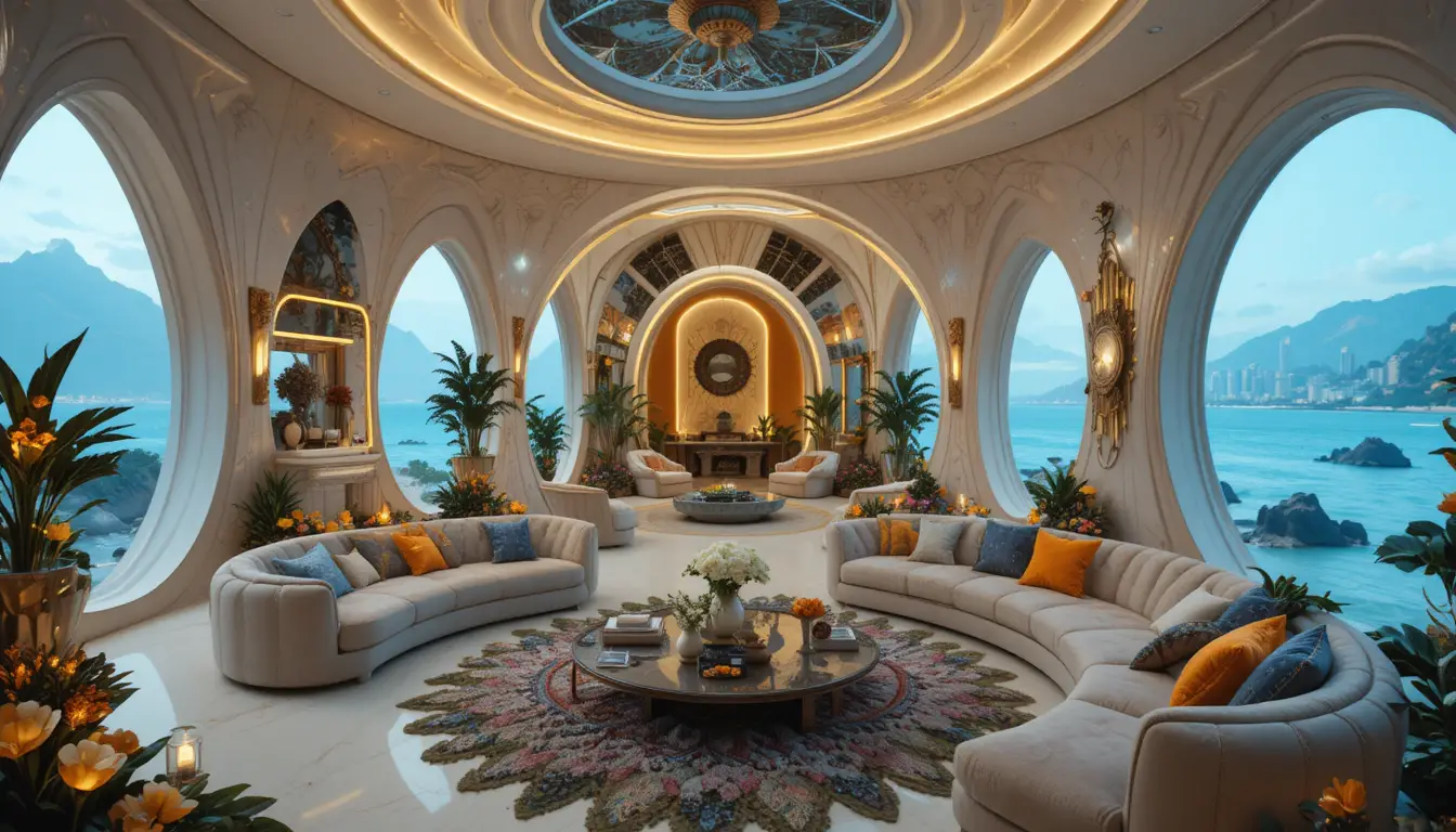 Futuristic organic house by the ocean with paradise garden