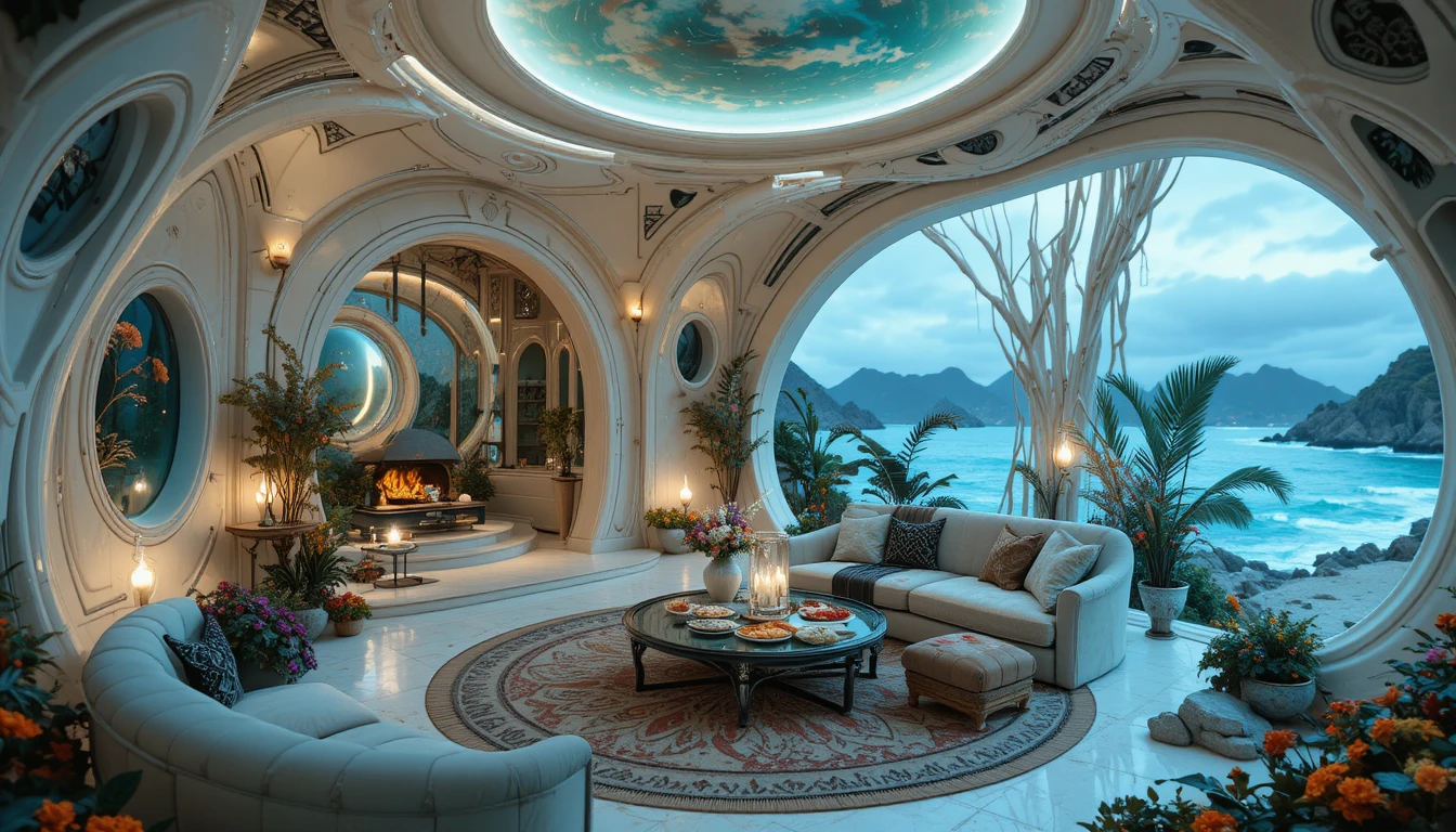 Casa orgânica futurista à beira-mar sob um céu estrelado