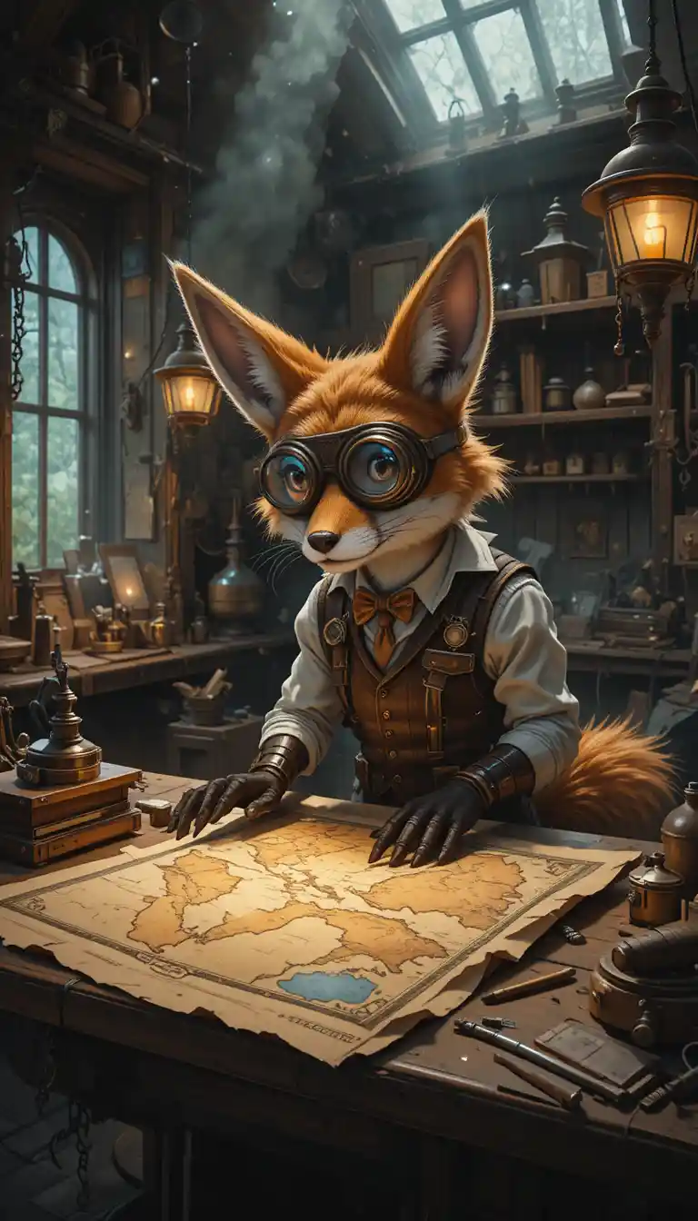Anthropomorphic fox inventor studying a glowing ancient map
