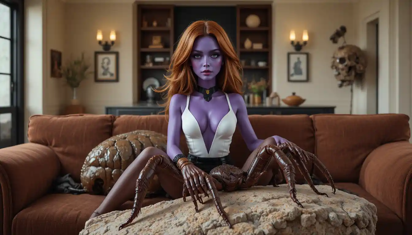 Donna seducente dalla pelle violacea che si rilassa su un divano di velluto
