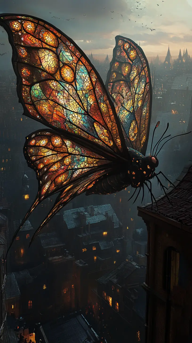 Géante phalène fantastique projetant une lumière ornée sur les toits