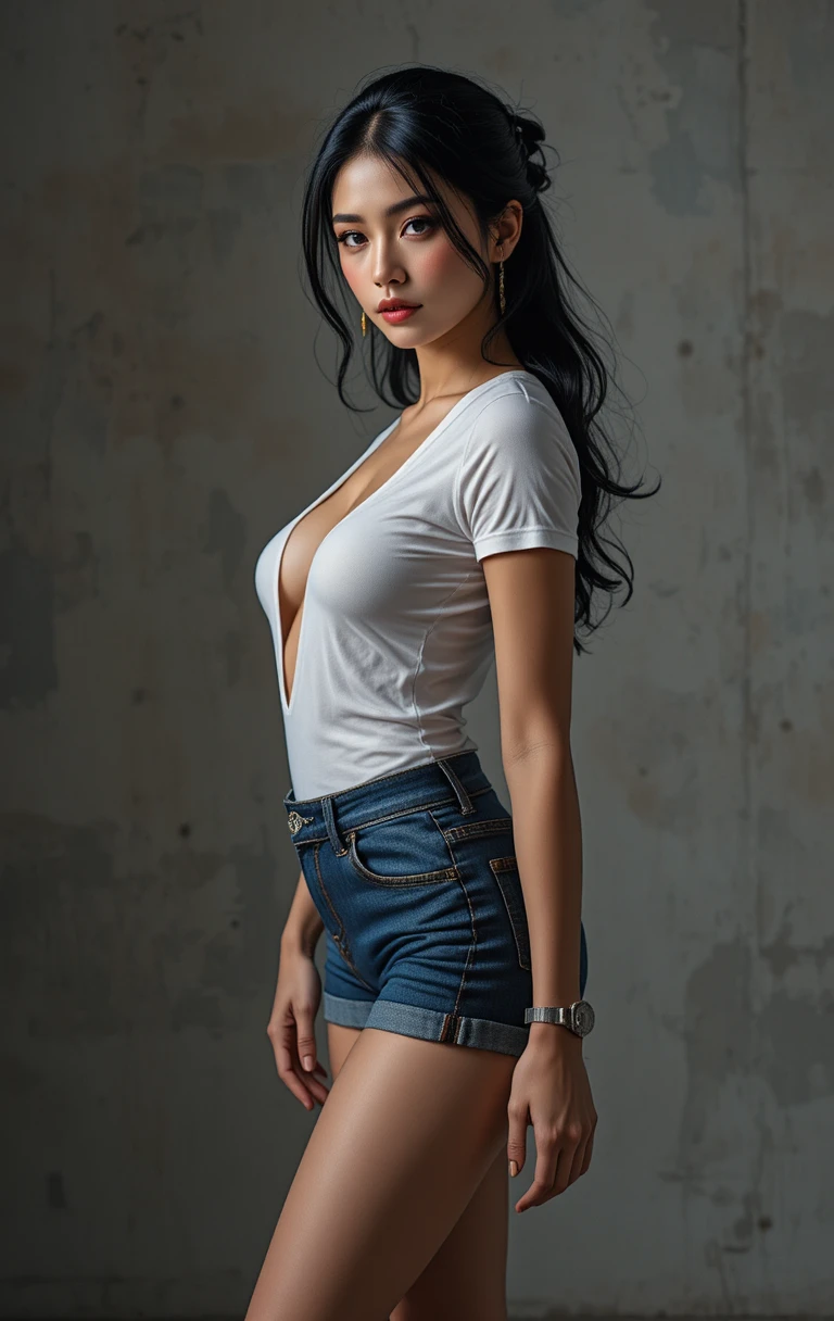 Sensuale donna asiatica con maglietta bianca bagnata in ritratto in studio