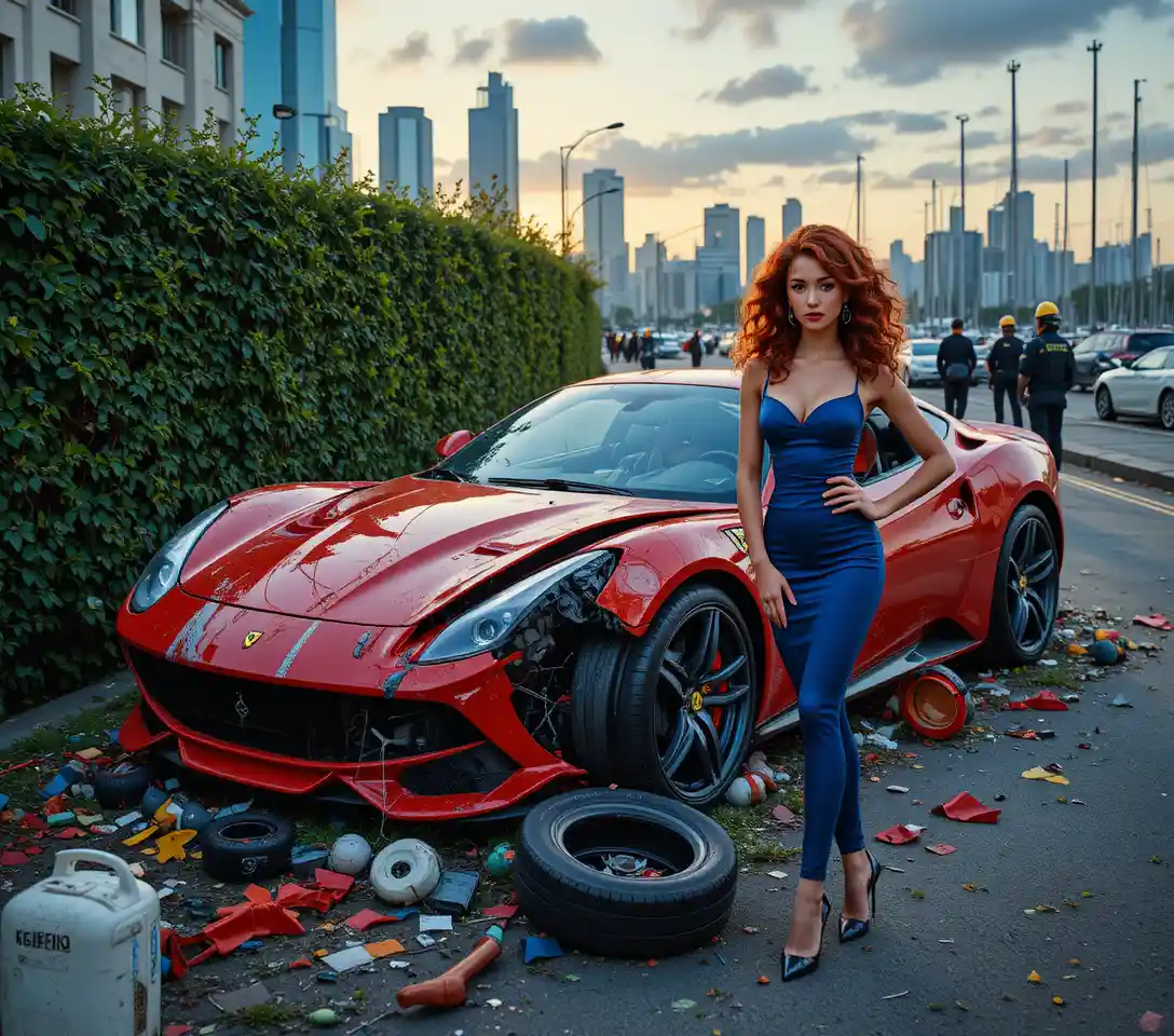 夕暮れのマリーナウォーターフロントに立つ青いドレスの自信あふれる女性