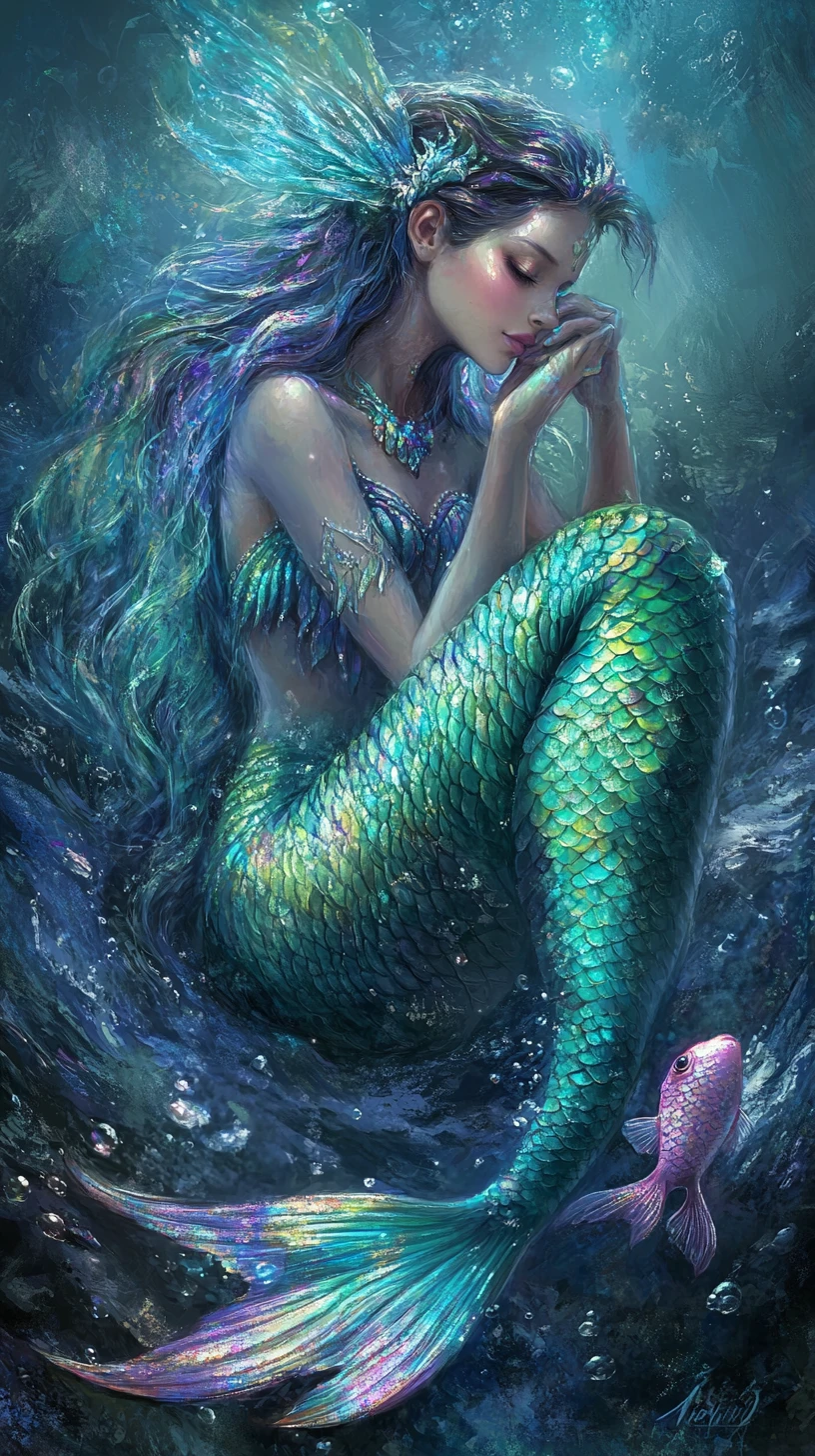 Mystical mermaid with glowing eyes in a shadowy ocean