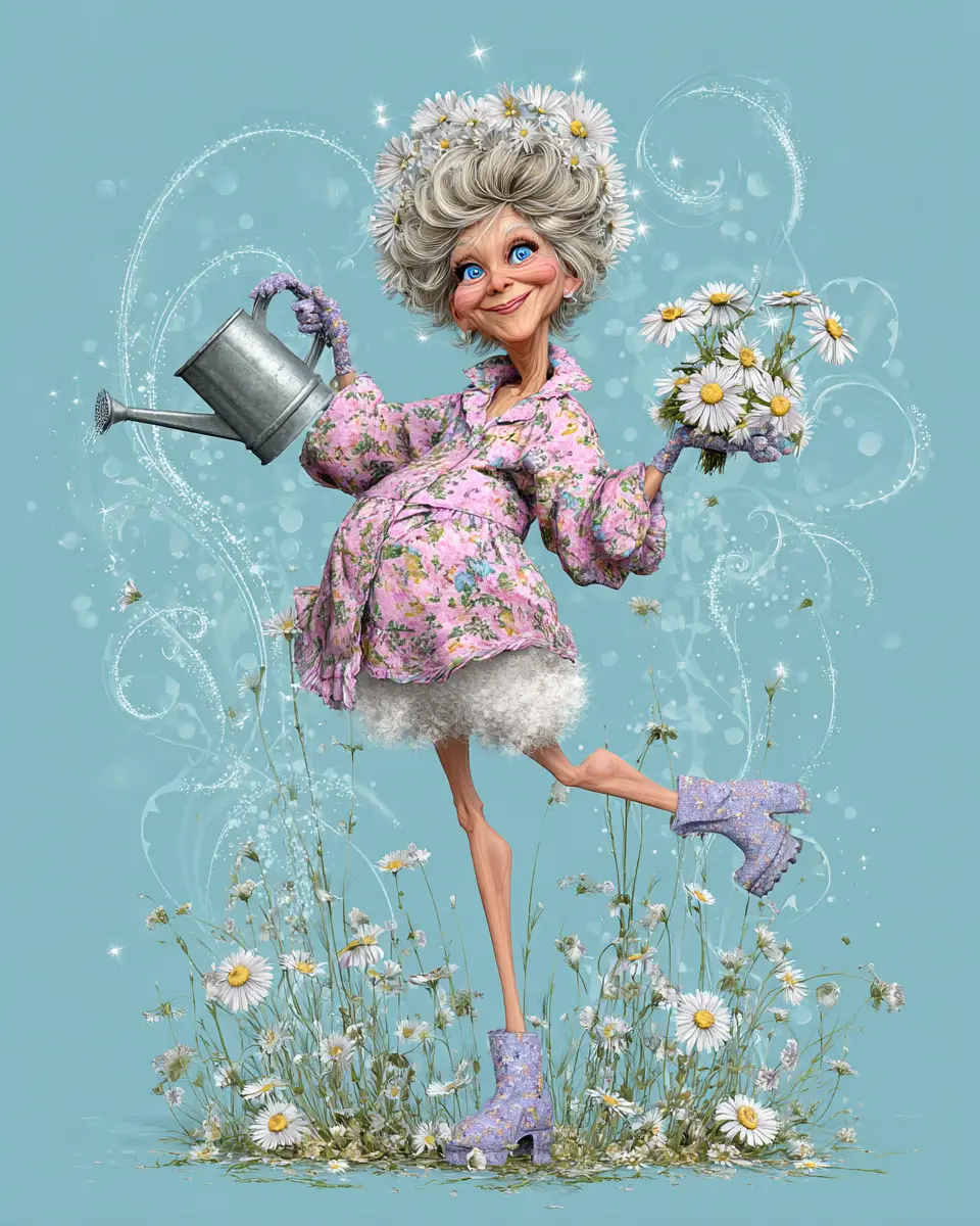 Joyful Grandma In Floral Housecoat With Watering Can