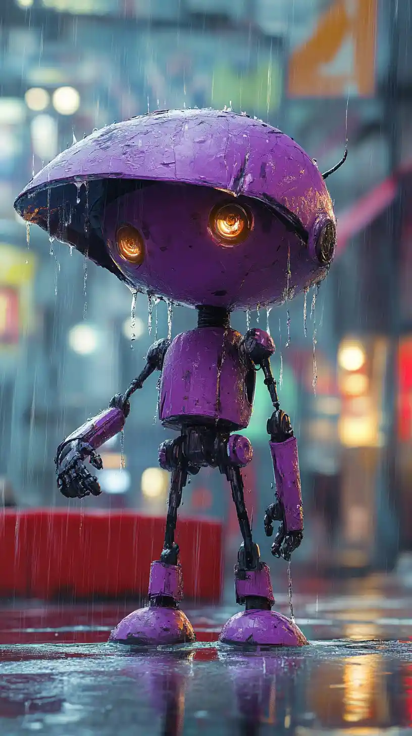 Purple robot in rain beside an old red bench