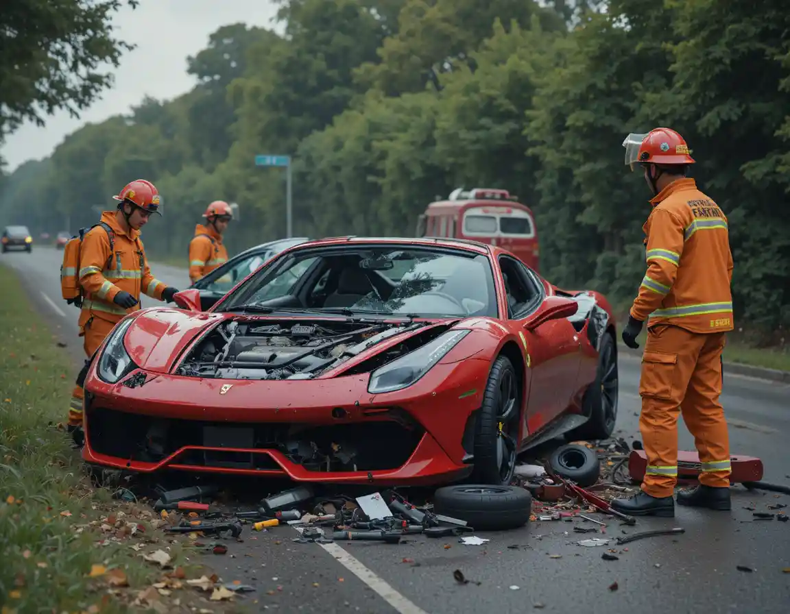 Donna in CGI accanto a un'auto sportiva rossa distrutta e ai vigili del fuoco