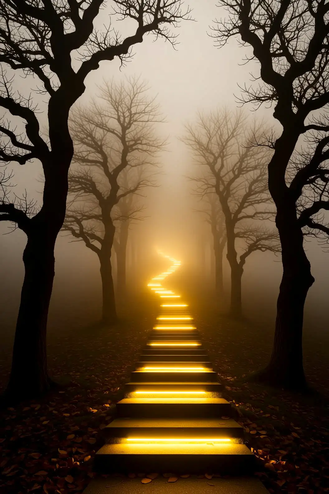 Golden stairway of light winding through a misty forest