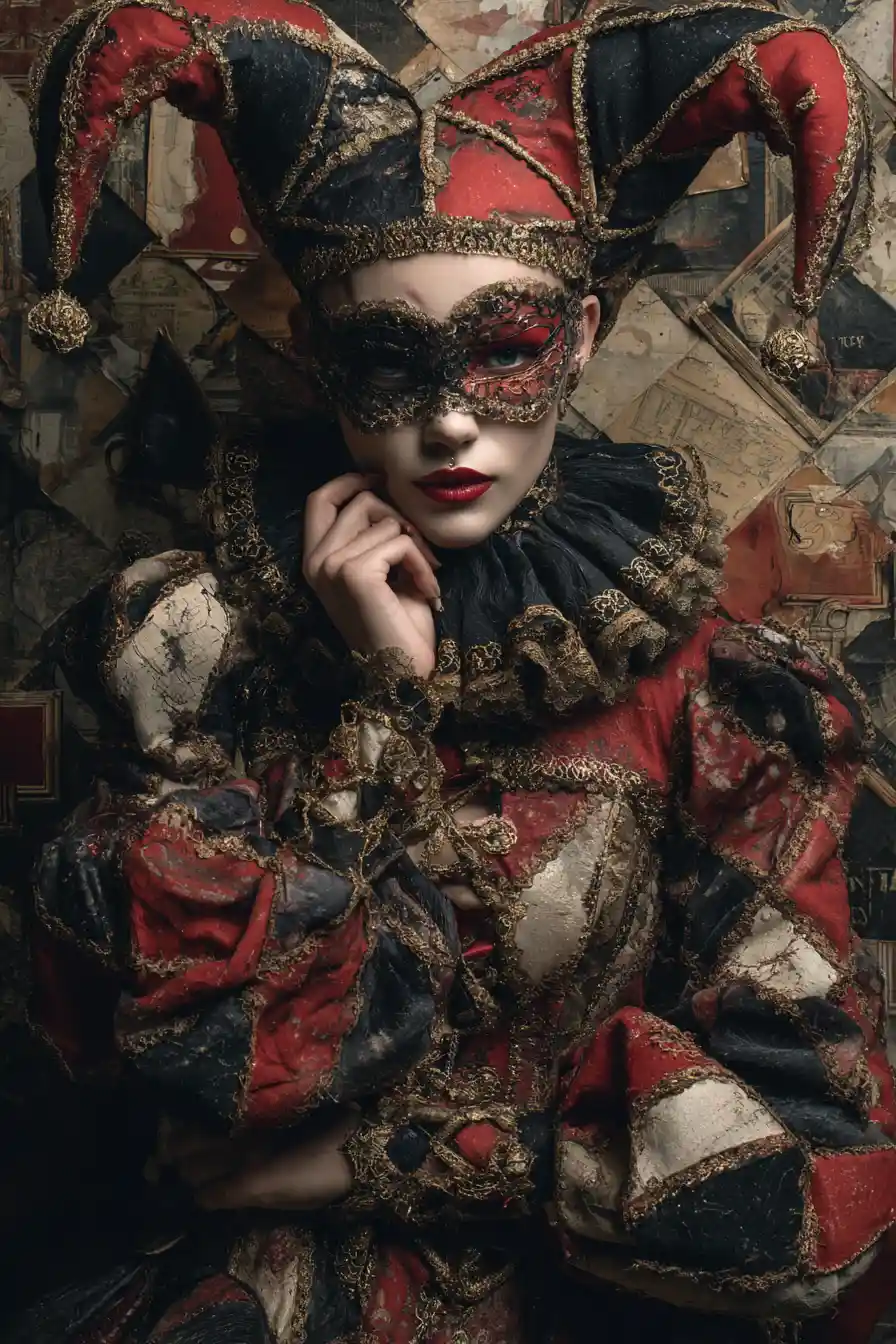 Harlequin woman with piercing gaze in silent masquerade