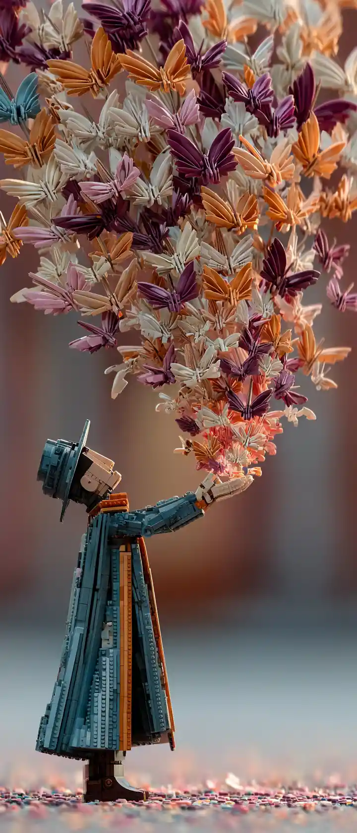 Mago de anime lanzando magia surreal sobre pájaros de Lego voladores