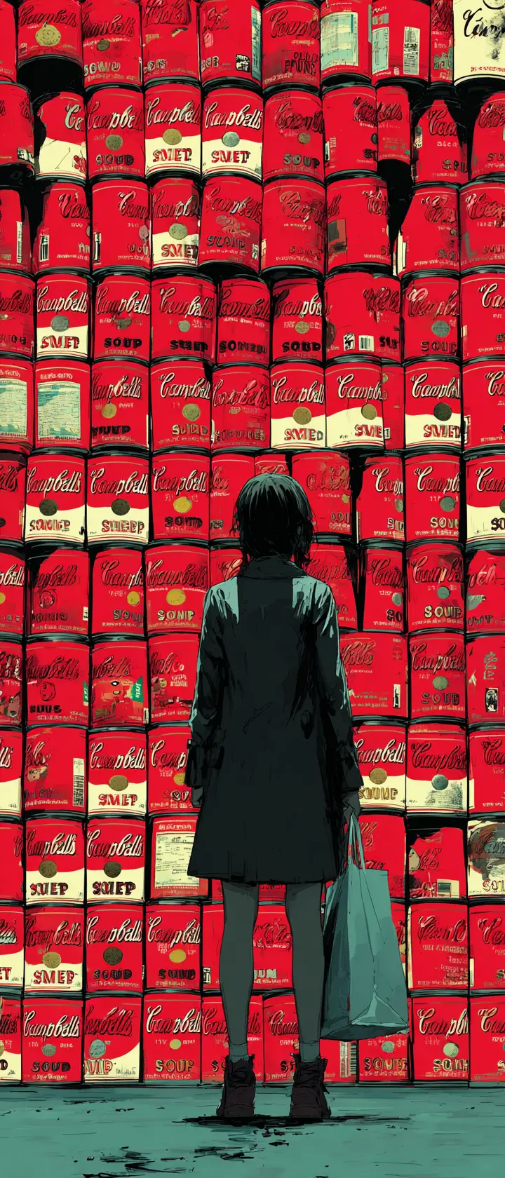 Anime shopper staring at towering pop art soup display