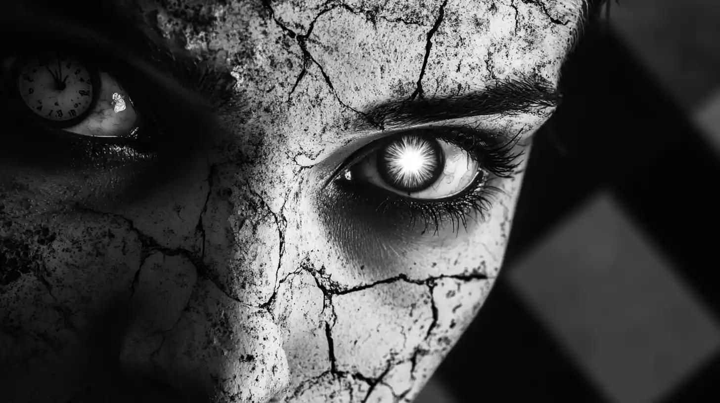 Visage de femme fissuré et surréaliste en portrait en très gros plan