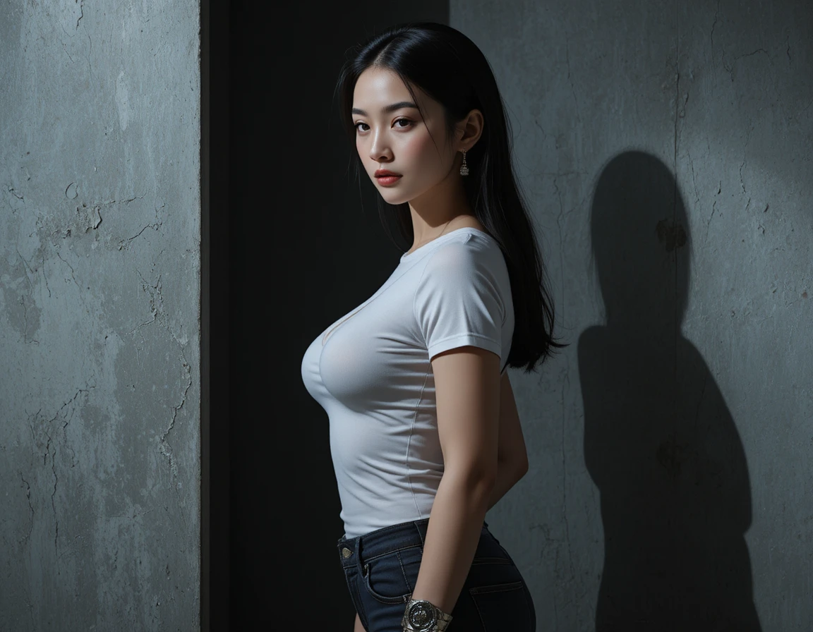 Giovane donna asiatica sensuale in posa con T‑shirt bianca bagnata