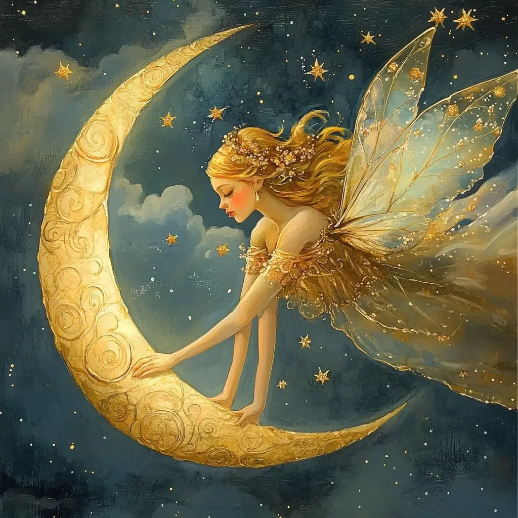 Golden haired fairy flying across a magical sky