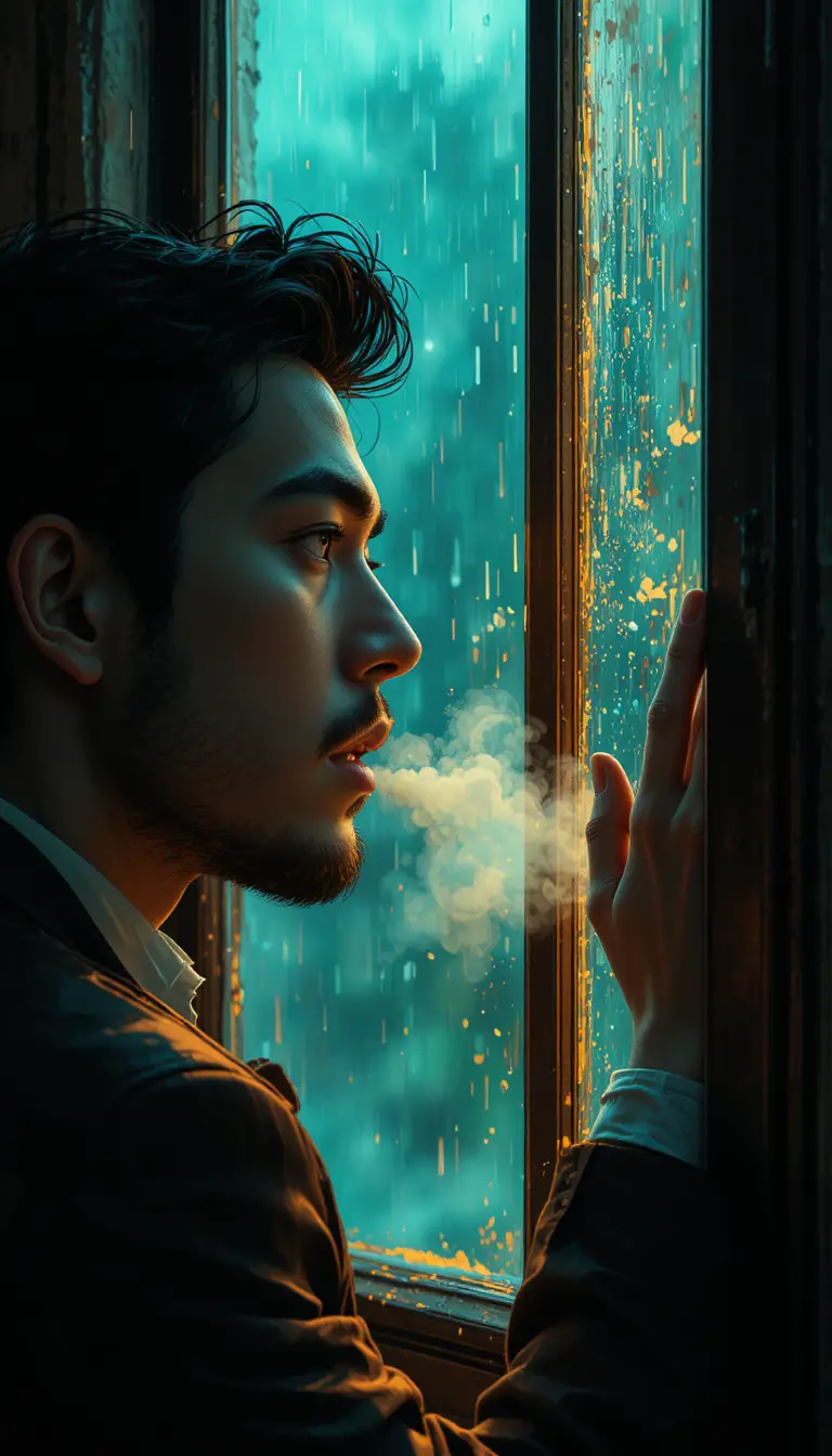 Hombre pensativo en una ventana lluviosa en ilustración cinematográfica