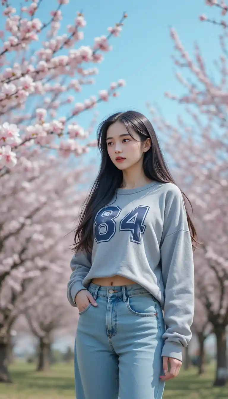 Koreanisches Mädchen im Kirschblütenpark mit grauem Casual-Sweatshirt