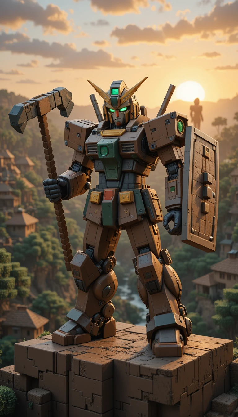 Guerreiro mecha em blocos em um penhasco de terra ao nascer do sol