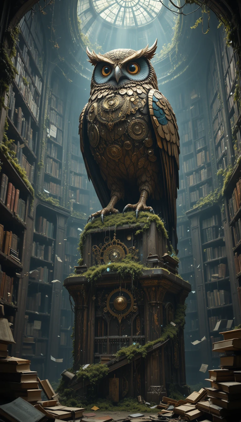 Ancient clockwork owl above a decaying mossy library