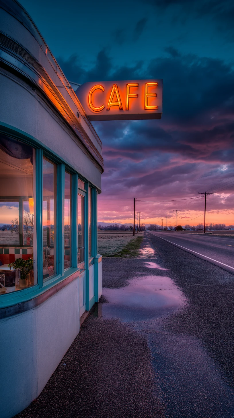 Neon lit 1950s roadside diner on an empty wet highway