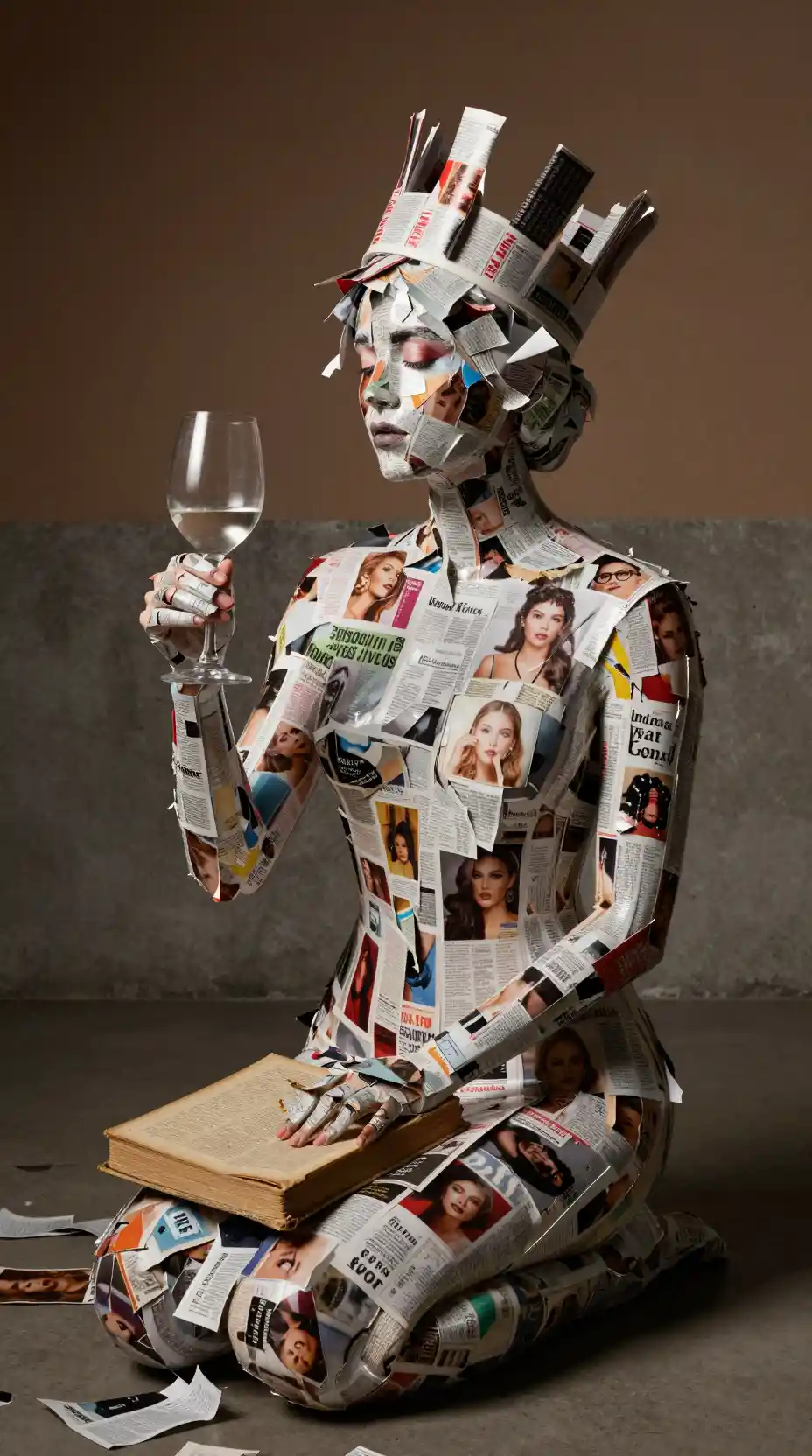 Donna con body art a collage di carta con corona e libro