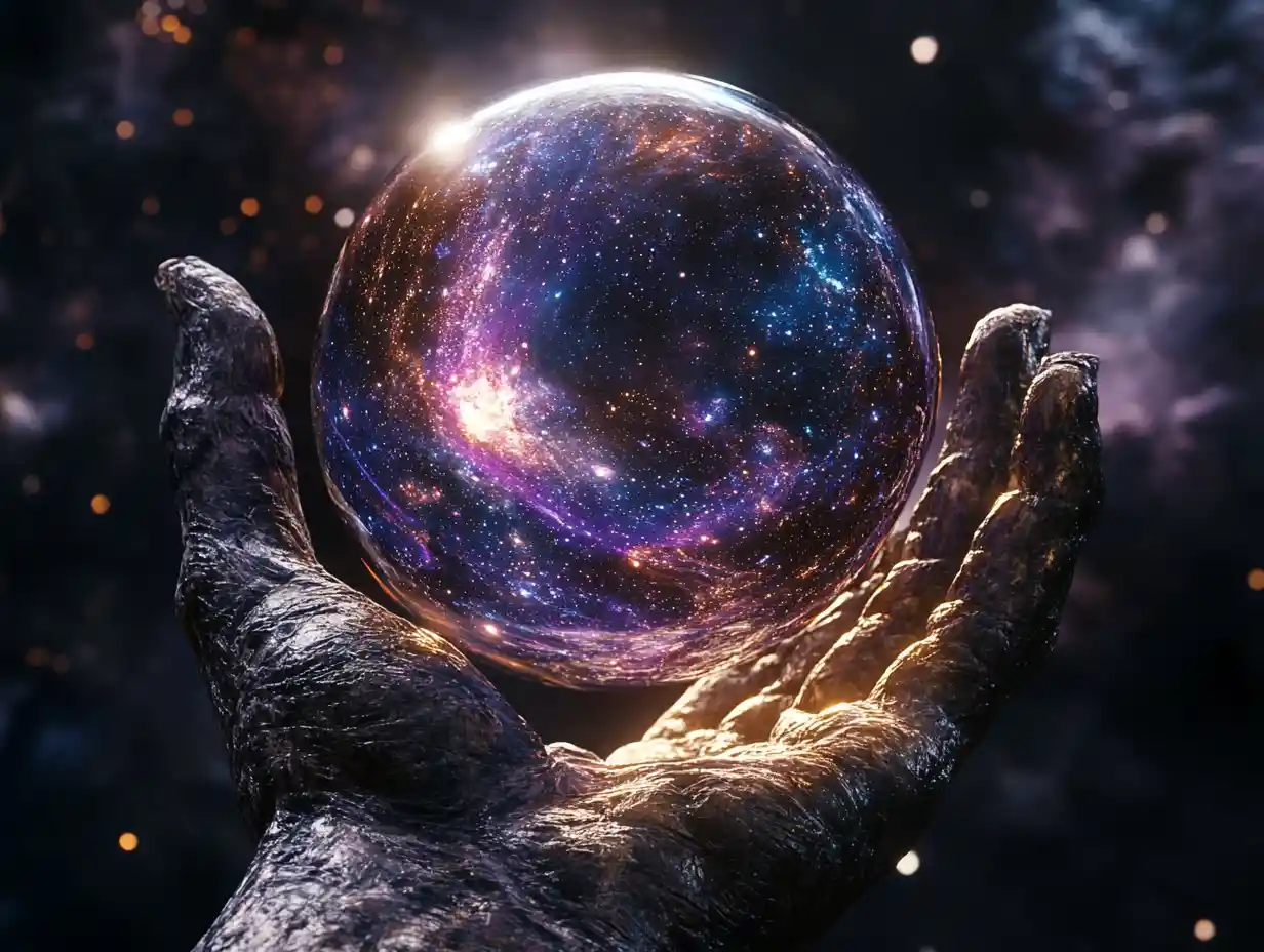 Stone hand holding a luminous galaxy glass sphere