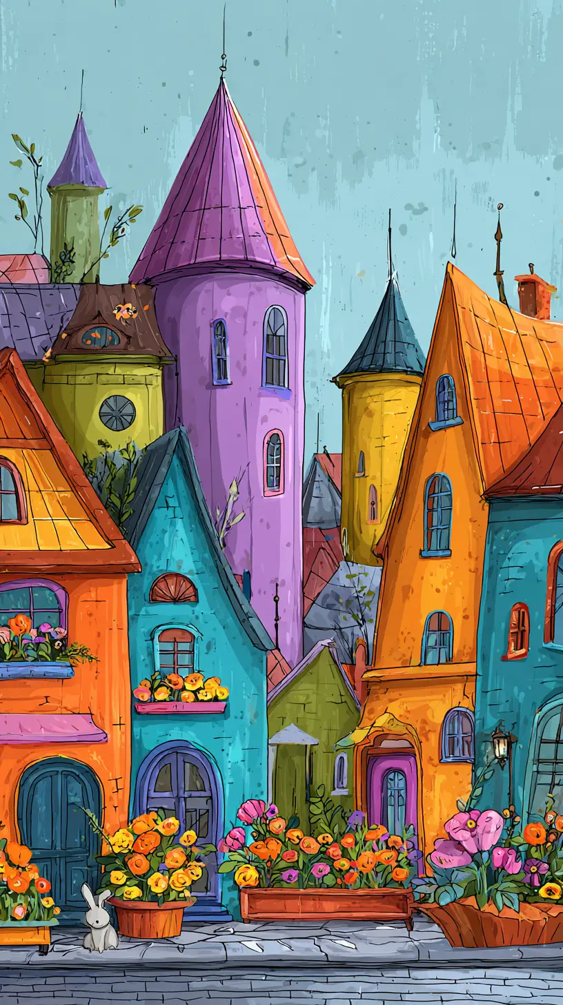Whimsical Fairy Tale Village With Colorful Pointed Roof Houses